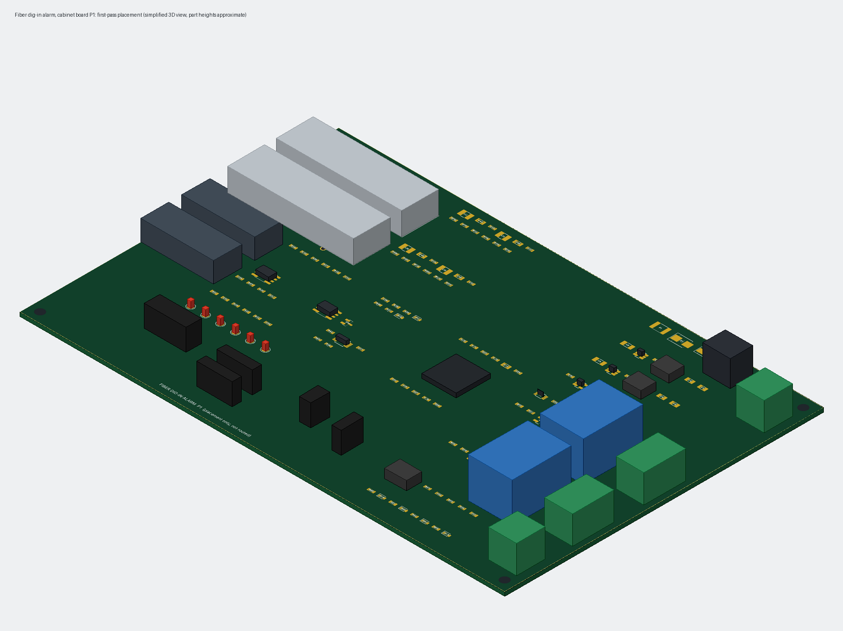 Simplified 3D view of the placed board showing the tall parts: SFP cages, photodiode receptacles, relays and terminal blocks